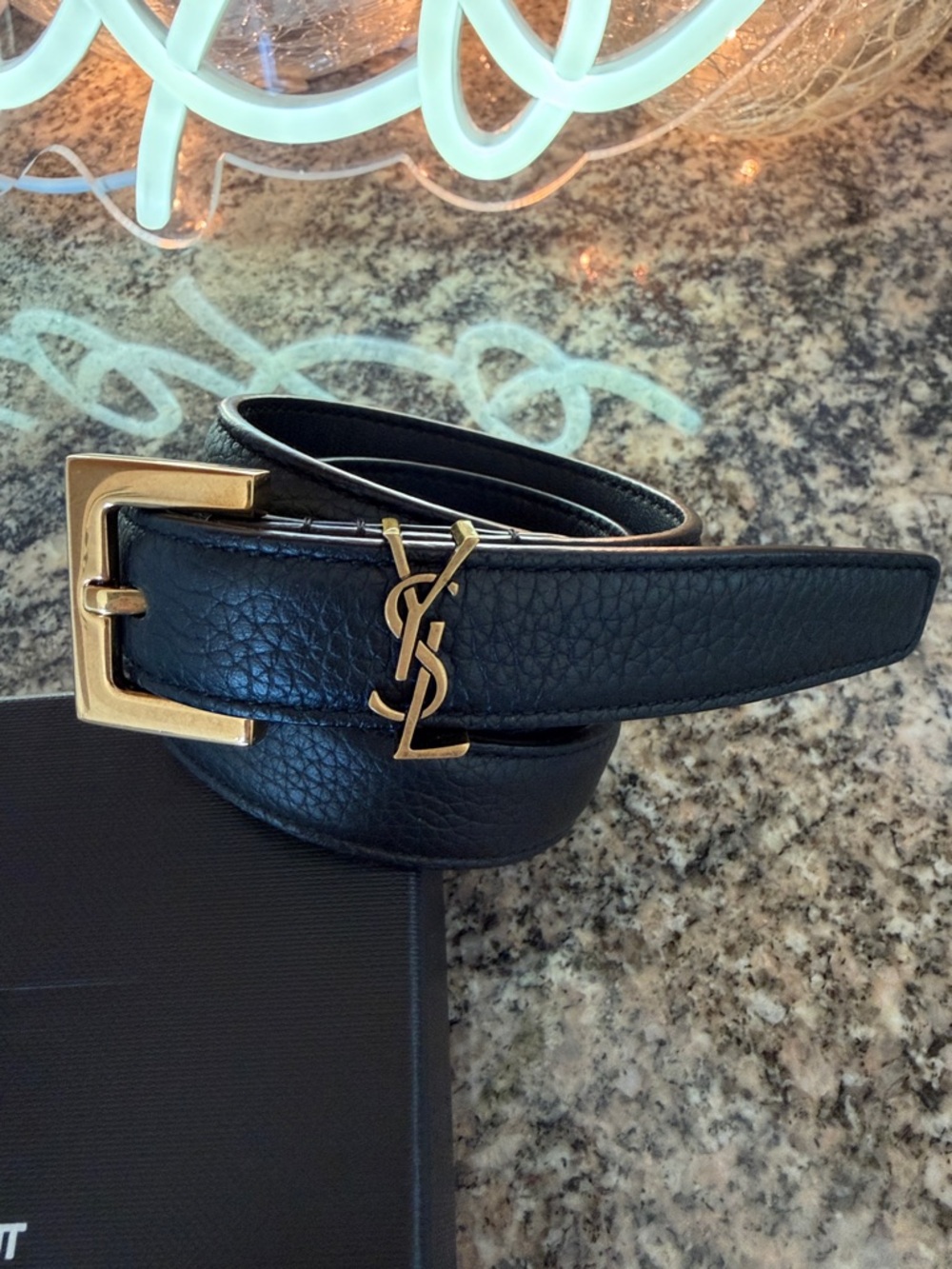 Yves Saint Laurent Cassandre Thin Belt in Grained Leather
